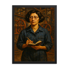 Simone Weil in factory overalls with notebook framed print on a plain backdrop in size 18"x24".