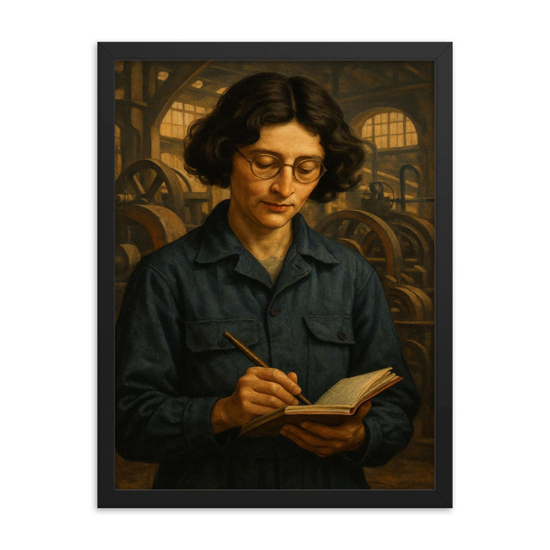 Simone Weil in factory overalls with notebook framed print on a plain backdrop in size 18