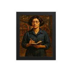 Simone Weil in factory overalls with notebook framed print on a plain backdrop in size 8"x10".