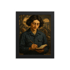 Simone Weil in factory overalls with notebook framed print on a plain backdrop in size 8"x10".