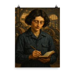 Simone Weil in factory overalls with notebook poster on a plain backdrop in size 8"x10".