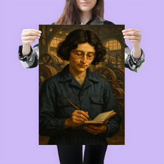 Simone Weil in factory overalls with notebook poster 3