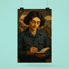 Simone Weil in factory overalls with notebook poster 6