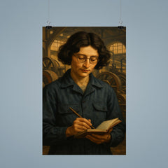 Simone Weil in factory overalls with notebook poster 9
