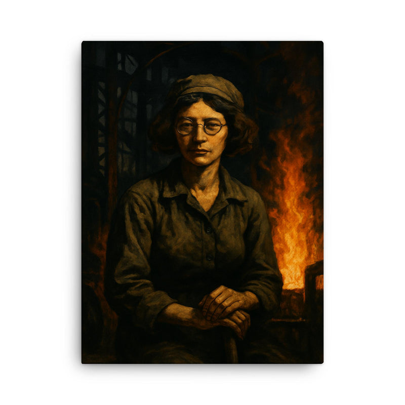 Simone Weil in factory shadows and flame canvas print on a plain backdrop in size 18