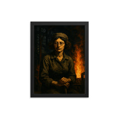 Simone Weil in factory shadows and flame framed print on a plain backdrop in size 12"x16".