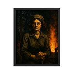 Simone Weil in factory shadows and flame framed print on a plain backdrop in size 16"x20".