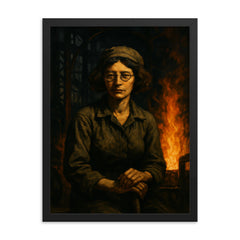 Simone Weil in factory shadows and flame framed print on a plain backdrop in size 18"x24".