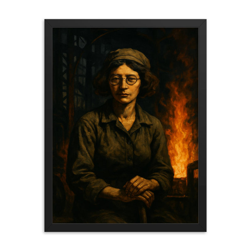 Simone Weil in factory shadows and flame framed print on a plain backdrop in size 18
