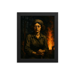 Simone Weil in factory shadows and flame framed print on a plain backdrop in size 8"x10".