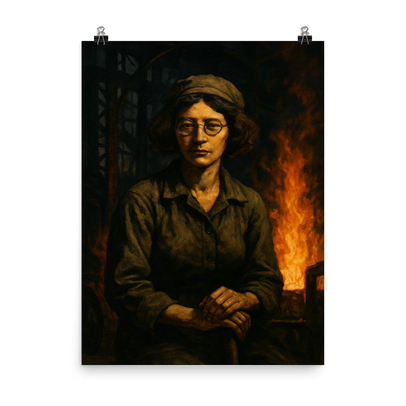 Simone Weil in factory shadows and flame poster on a plain backdrop in size 8