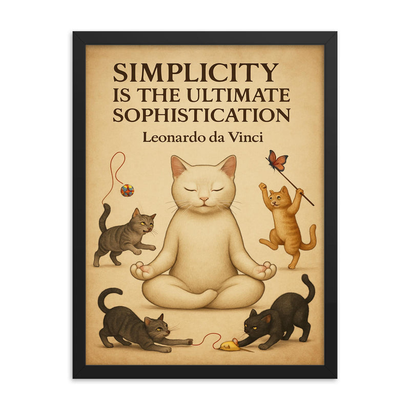 Simplicity ultimate sophistication da Vinci zen cat meditating framed print on a plain backdrop in size 18