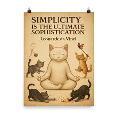 Simplicity ultimate sophistication da Vinci zen cat meditating poster on a plain backdrop in size 8"x10".
