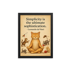 Simplicity ultimate sophistication da Vinci zen cat meditating while others chase toys inspiring po framed print on a plain backdrop in size 12"x16".