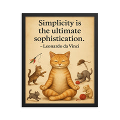 Simplicity ultimate sophistication da Vinci zen cat meditating while others chase toys inspiring po framed print on a plain backdrop in size 16"x20".