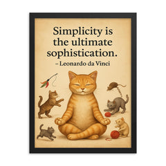 Simplicity ultimate sophistication da Vinci zen cat meditating while others chase toys inspiring po framed print on a plain backdrop in size 18"x24".