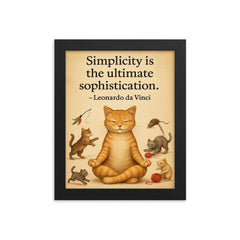 Simplicity ultimate sophistication da Vinci zen cat meditating while others chase toys inspiring po framed print on a plain backdrop in size 8"x10".