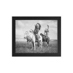 Sioux Indian Chief on Horseback, 1905 framed print on a plain backdrop in size 8"x10".