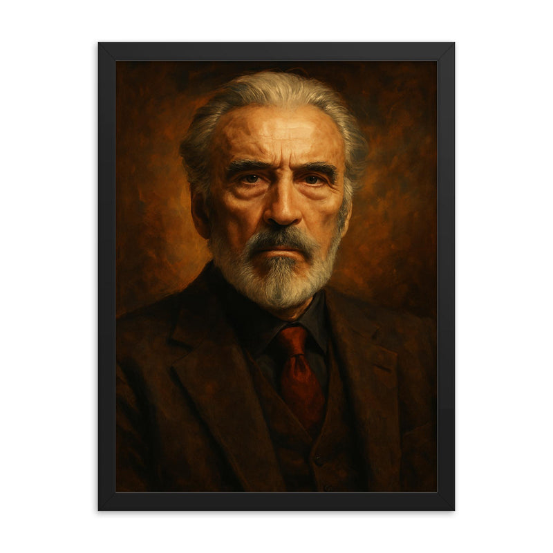 Sir Christopher Lee framed print on a plain backdrop in size 18