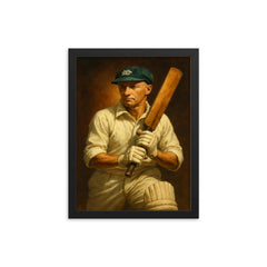 Sir Donald Bradman framed print on a plain backdrop in size 12"x16".