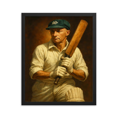 Sir Donald Bradman framed print on a plain backdrop in size 16"x20".