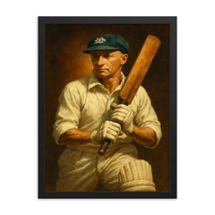 Sir Donald Bradman framed print on a plain backdrop in size 18"x24".