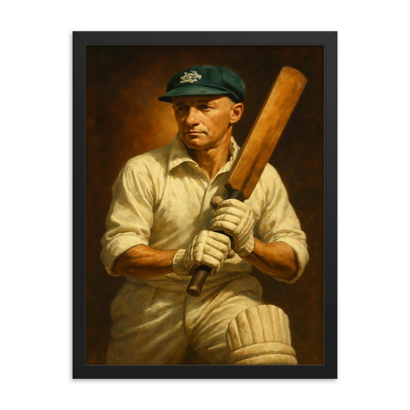 Sir Donald Bradman framed print on a plain backdrop in size 18