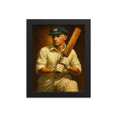 Sir Donald Bradman framed print on a plain backdrop in size 8"x10".