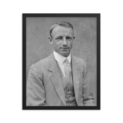 Sir Donald Bradman official portrait by Sam Hood framed print on a plain backdrop in size 16"x20".