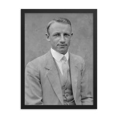 Sir Donald Bradman official portrait by Sam Hood framed print on a plain backdrop in size 18"x24".