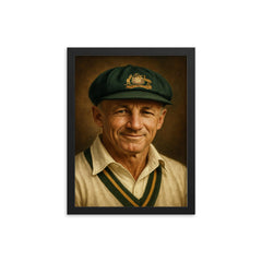 Sir Donald Bradman portrait framed print on a plain backdrop in size 12"x16".