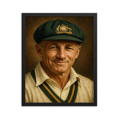Sir Donald Bradman portrait framed print on a plain backdrop in size 16"x20".