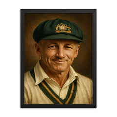 Sir Donald Bradman portrait framed print on a plain backdrop in size 18"x24".