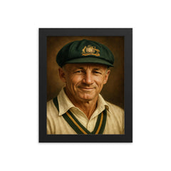 Sir Donald Bradman portrait framed print on a plain backdrop in size 8"x10".
