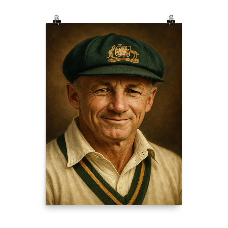 Sir Donald Bradman portrait poster on a plain backdrop in size 8