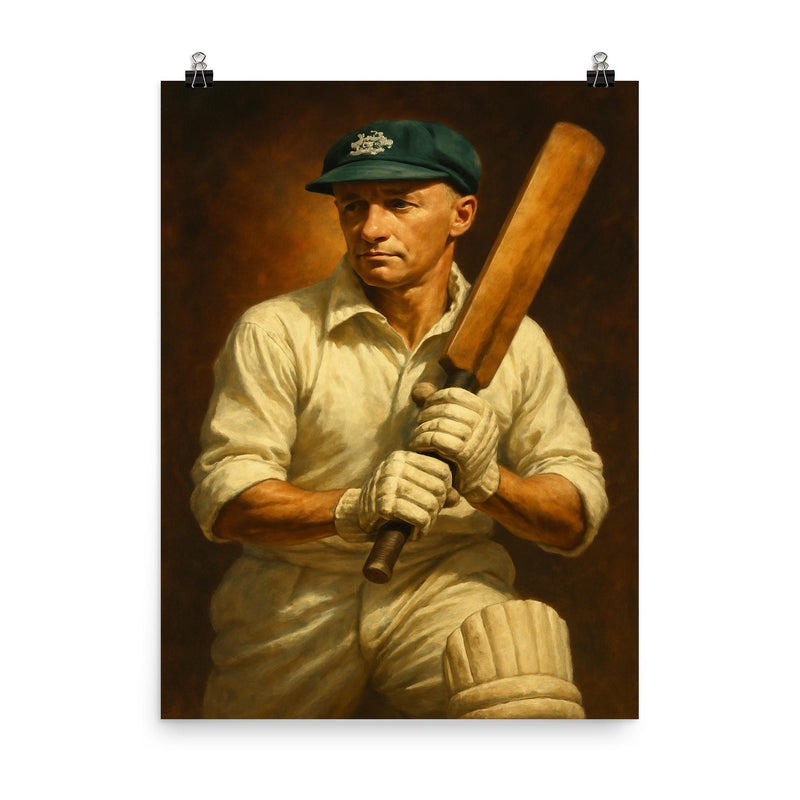 Sir Donald Bradman poster on a plain backdrop in size 8