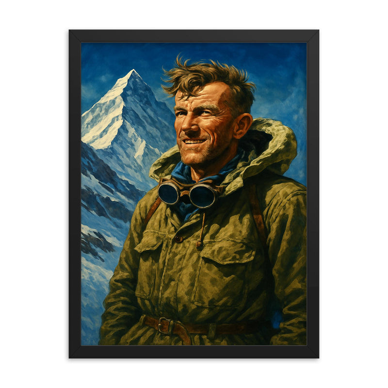 Sir Edmund Hillary framed print on a plain backdrop in size 18