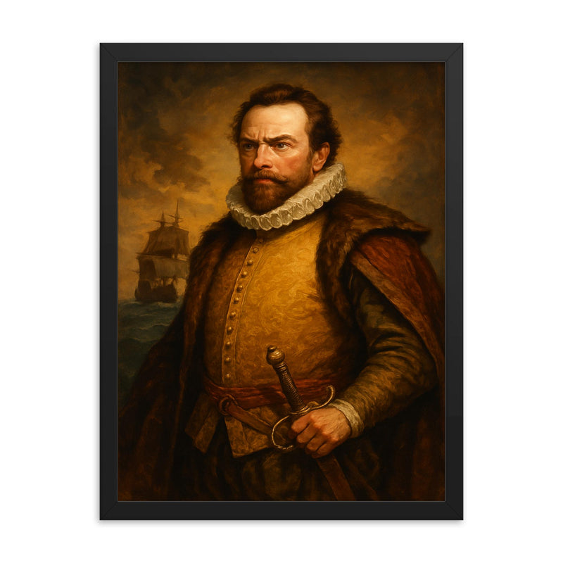 Sir Martin Frobisher framed print on a plain backdrop in size 18
