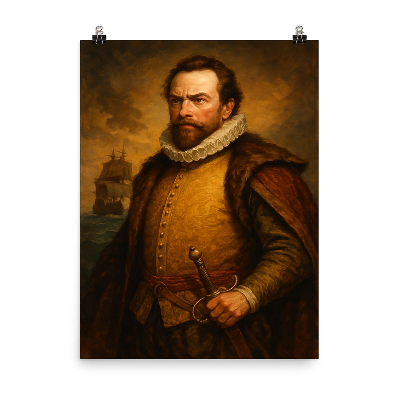 Sir Martin Frobisher poster on a plain backdrop in size 8