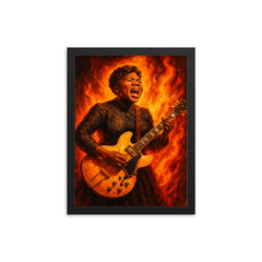 Sister Rosetta Tharpe electrified gospel blaze portrait framed print on a plain backdrop in size 12"x16".