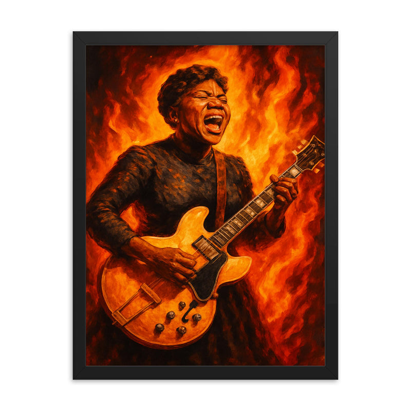 Sister Rosetta Tharpe electrified gospel blaze portrait framed print on a plain backdrop in size 18
