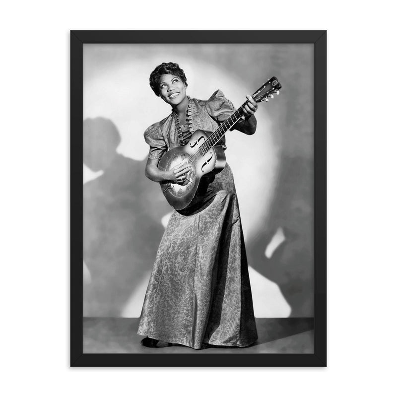 Sister Rosetta Tharpe framed print on a plain backdrop in size 18