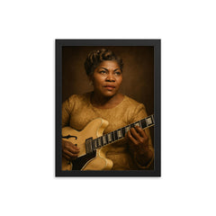 Sister Rosetta Tharpe portrait framed print on a plain backdrop in size 12"x16".