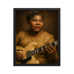 Sister Rosetta Tharpe portrait framed print on a plain backdrop in size 16"x20".
