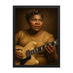 Sister Rosetta Tharpe portrait framed print on a plain backdrop in size 18"x24".