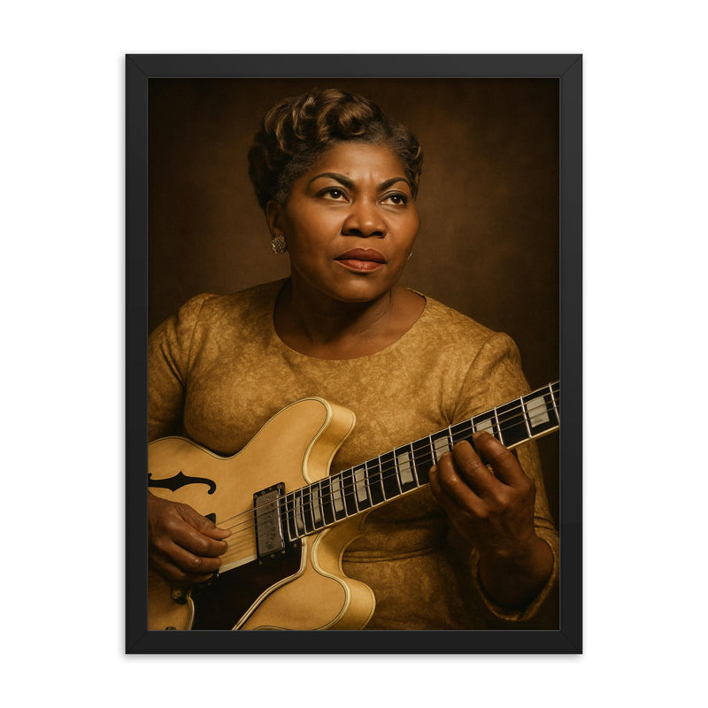 Sister Rosetta Tharpe portrait framed print on a plain backdrop in size 18
