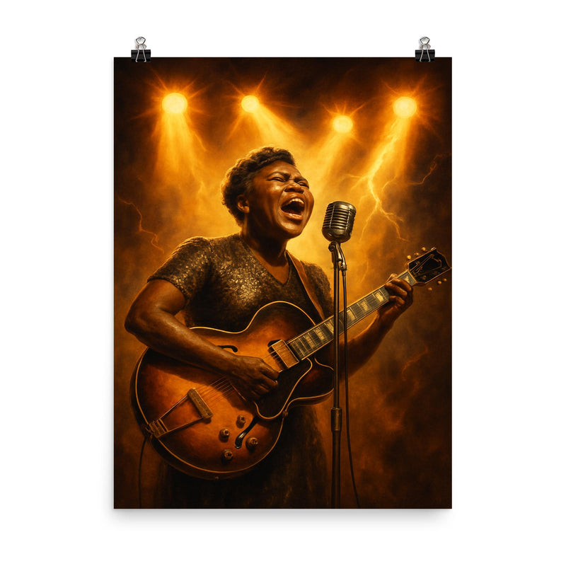 Sister Rosetta Tharpe under thunderous stage lights poster on a plain backdrop in size 8