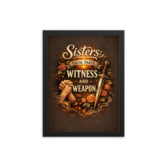 Sisters equal parts witness and weapon framed print on a plain backdrop in size 12"x16".