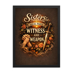 Sisters equal parts witness and weapon framed print on a plain backdrop in size 18"x24".