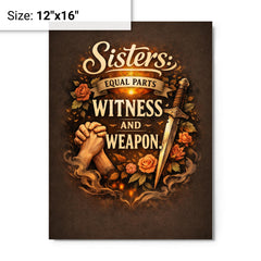 Sisters equal parts witness and weapon metal print on a plain backdrop in size 12"x16".